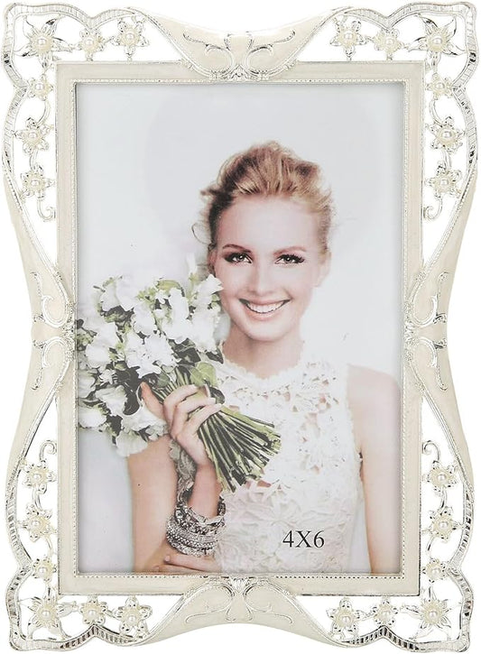4x6 Vintage Metal Picture Frame White Pearl Photo Frame Wedding Decoration, Clear Glass Front, Unique Tabletop or Wall Display, Mothers Day Gifts for Mom Women, Horizontally & Vertically