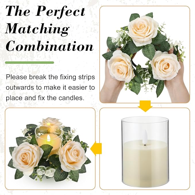 Yunlly 32 Pcs Rose Candle Rings with Flameless Candles Sets, Artificial Flower Eucalyptus Wedding Centerpiece 3 Inch Pillar Candleholders Wreaths for Wedding Party Mother's Day (Champagne)
