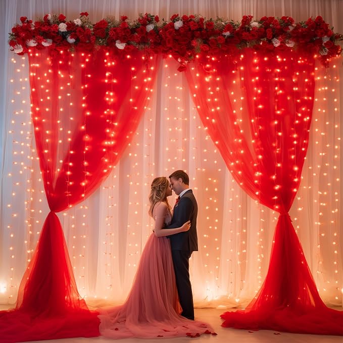 10x10ft Red Tulle Backdrop Curtain with Lights String for Parties, Sheer Photo Backdrop Drapes for Wedding Baby Shower Birthday Party Valentines Photo Shoot Decorations