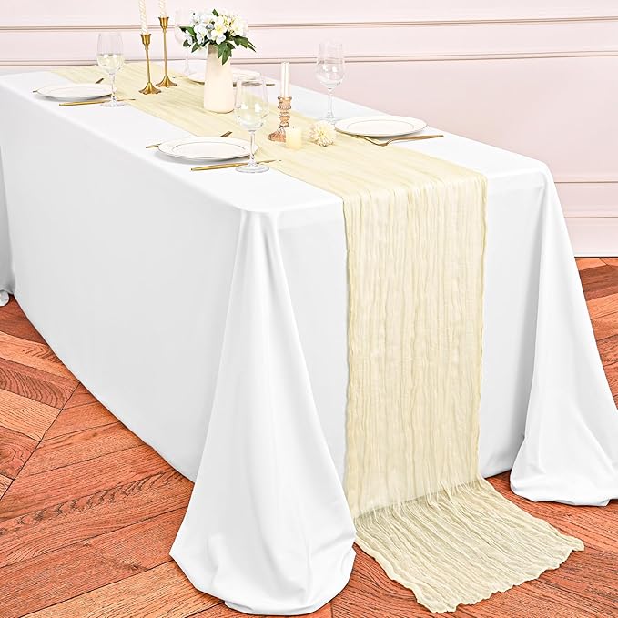 24 Pack Ivory Table Runner 10Ft Cheesecloth Table Runner Rustic Gauze Table Runners Romantic Long Cream Sheer Fabric Cheese Cloth Table Runners for Wedding Party Bridal Baby Shower