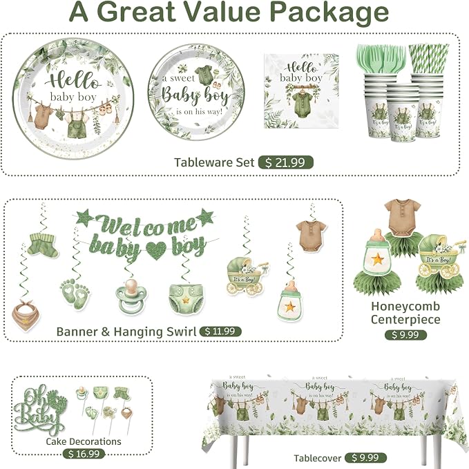 Xynic 201PCS Greenery Baby Shower Decorations Boy Tableware Set, 25 Serves Disposable Thick Plates and Napkins Set, with Pre-strung Banner, Tablecloth, for Baby Shower Boy Decorations