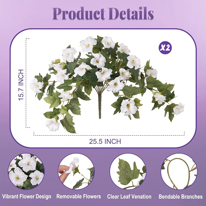 Ammyoo 2PCS Artificial Petunias Flowers Fake Plants for Outdoor Decoration | UV Resistant Faux Silk Flower No Fade for Outside Home Garden Balcony Yard Porch Window Box Realistic Indoor Decor(White)