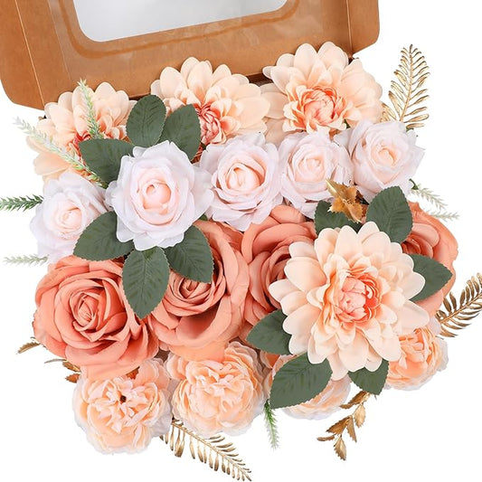 Garisey Artificial Flowers Combo, Mix Silk Flowers Roses, Peonies, Dahlias with Stems for DIY Wedding Bridal Bouquets, Baby Shower, Table Centerpieces, Home Decor, Fake Floral Arrangements-Champagne