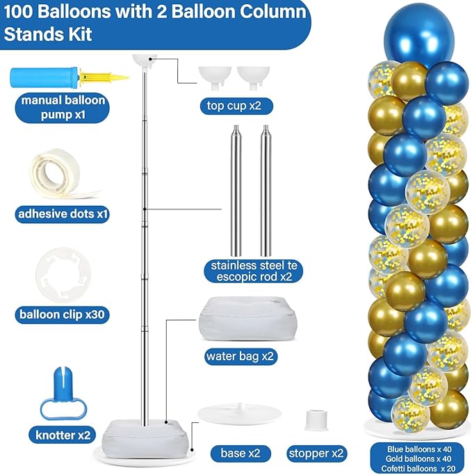 2 Sets Metallic Blue and Gold Balloon Column Stand Kit with 100 Balloons Adjustable Balloon Tower Stand with Bases for Floor Navy Blue Gold Balloon Column Kit for Graduations Summer Birthday Decor