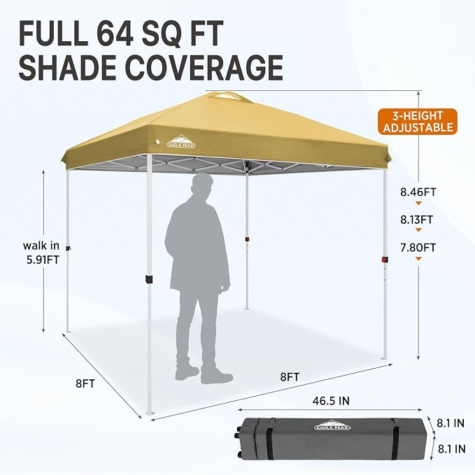 EAGLE PEAK Pop Up Canopy Tent with Wheeled Carry Bag, 8 Stakes, 4 Ropes, Easy Set Up Tent Canopy, 8x8 ft, Beige