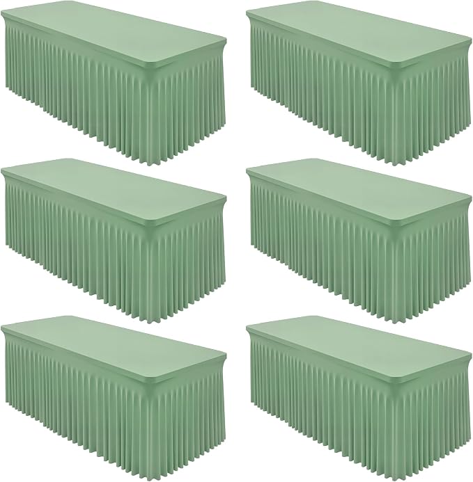 6 Packs Sage Green Spandex Table Cloths 8 Foot, Fitted Stretch Table Cover with Skirts 30x96 Inch, Wrinkle-Free Floor Length Tablecloths Rectangular for Weddings Parties Banquets Events Decorations