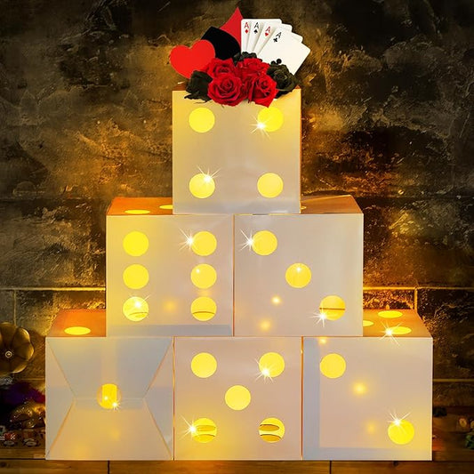 Motipuns 6 Pcs Large Dice Favor Boxes with Light, Large Dice Box Casino Party Decorations, Balloon Boxes for Birthday Las Vegas Game Night Valentine's Day Party Decoration(11.8 Inch,White)