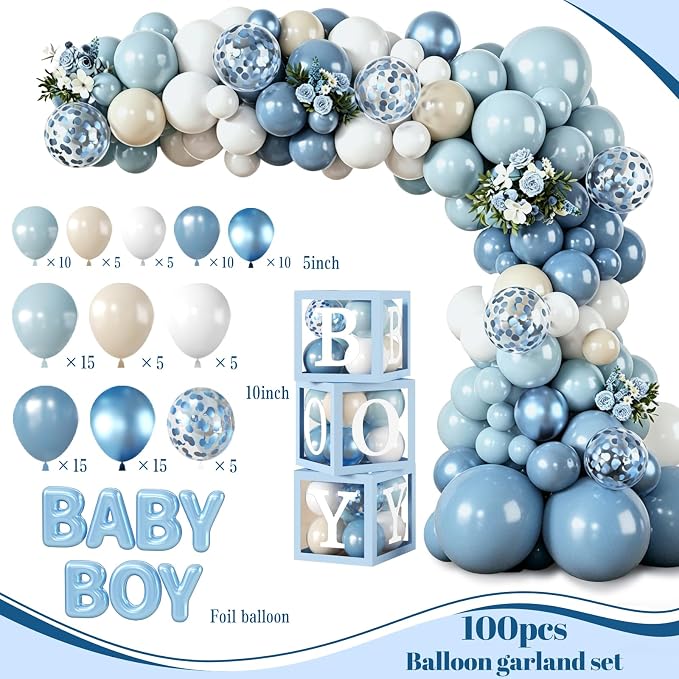 Baby Boy Shower Decorations, All-in-One Set with Boy Baby Shower Plates and Napkins, Balloon Arch, Cake Topper, Balloon Box, Banner, Tablecloth, Baby Shower Decorations Boy Serves 24
