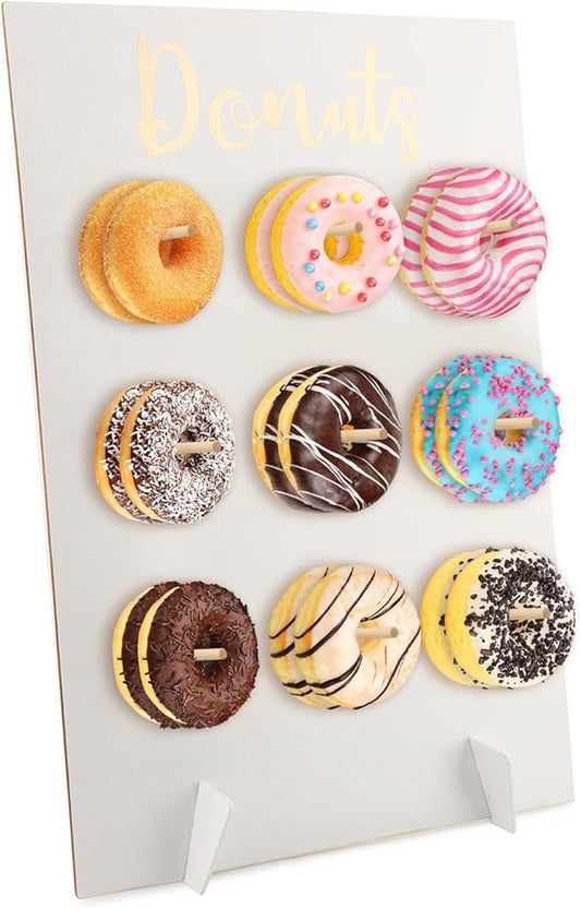 Donut Wall Display Stand, Wooden Donut Peg Board Holds 9 Donuts, Reusable Donut' Holder Board Rustic Wood Doughnut Food Buffet Display for Party Decorations(COLOR:white)