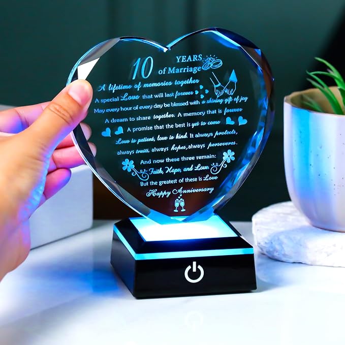 10th Wedding Anniversary Crystal Gifts for Couples with Colorful LED Base, 10th Anniversary Keepsake Gifts for Her Him, Romantic 10 Years of Marriage Heart Gift for Wife Husband