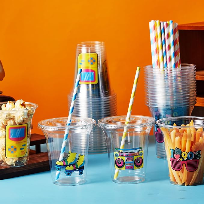 Qinyoung 60 Sets 90's Party Plastic Cups Bulk 14 oz 90s Disco Dance Party Favor Supplies Ice Coffee Plastic Colorful Cups Bulk with Lids and Paper Straws for Cowgirl Birthday