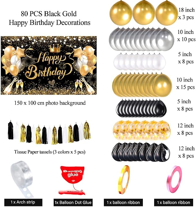 Black Golden Happy Birthday Party Balloons Decorations Set, 80 PCS | with Photo Background Backdrop, Happy Birthday Sign Banner Cloth, 3 PCS 18inch Metal Gold Balloons, Gold Confetti Balloons