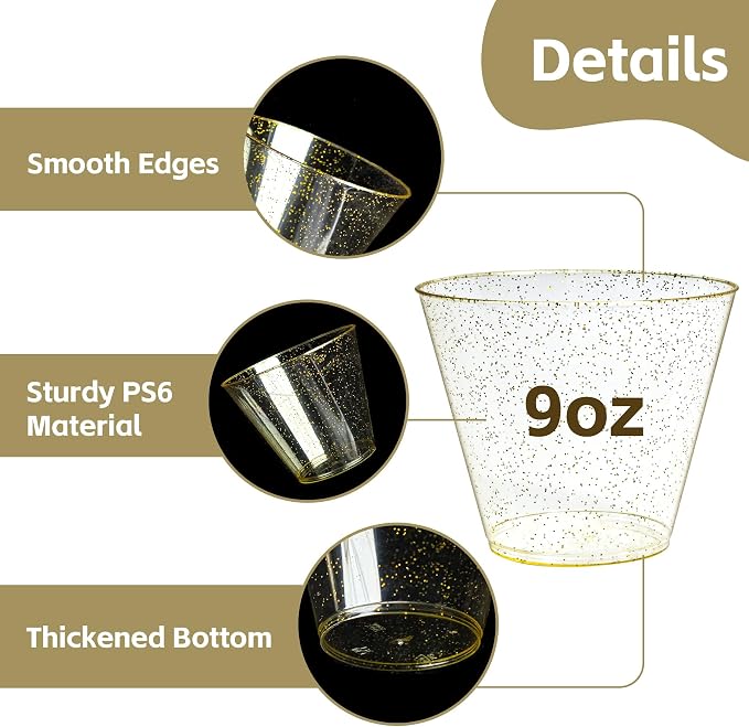 Byvivace [200 Pack] 9oz Plastic Cups with Gold Glitter Sturdy & Food Safe Plastic Wine Glasses Disposable Cups Party Wedding Cups Cocktail Glasses for Wine, Juice & Cold Beverages