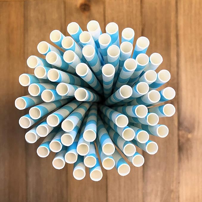Biodegradable Striped Paper Straws,Paper Drinking Straws for Party, Events and Crafts,Baby Shower Decorations 7.75 Inches,100 Packs - Light Blue White - Striped