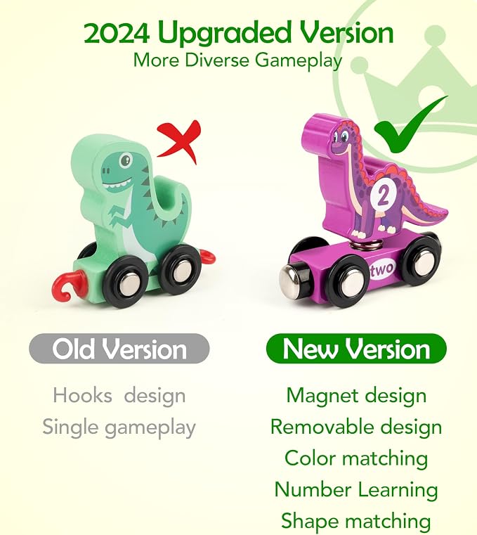 Vanmor Wooden Dinosaur Train Set for Toddlers - Magnetic Dinosaur Toys and Number Train, Montessori and Educational Toys Preschool Learning Activities for Kids, Birthday Gifts for Boys, Girls