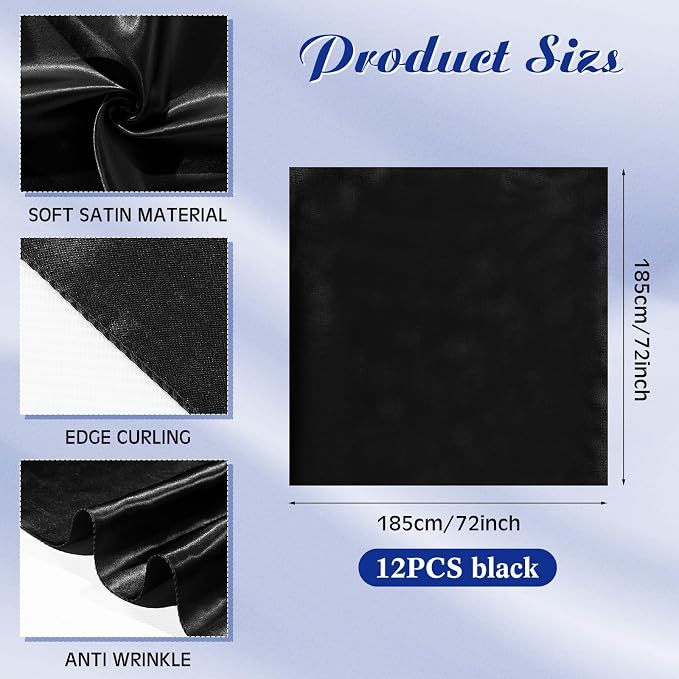 Newwiee 12 Pcs 72 Inch Satin Tablecloth Square Overlay Smooth Fabric Tablecloth Satin Table Cover Fabric Decoration Dining Cloths for Party Wedding Banquet Table Decoration(Black)