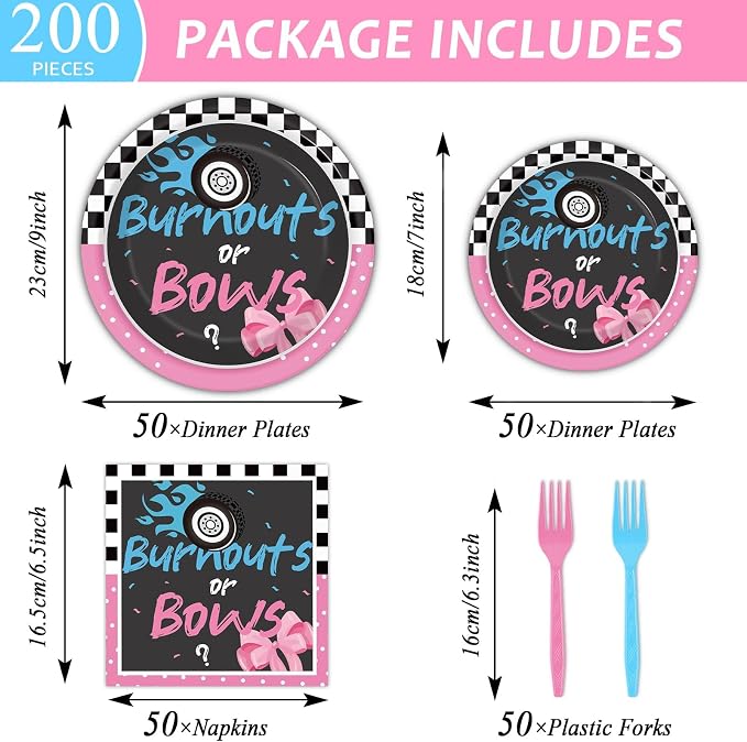 50 Guests Burnouts or Bows Gender Reveal Plates and Napkins Party Supplies Boys or Girls Baby Shower Party Decorations Disposable Tableware Set Gender Reveal Dinnerware Favor for Baby ,200PCS