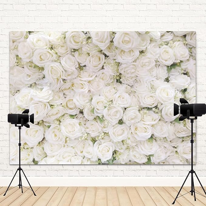 9x6ft Flower Backdrop White Rose Floral Photography Background Engagement Ceremony Bridal Shower Wedding Party Banner Decorations Kids Birthday Newborn Baby Shower Portrait Photo Booth Prop