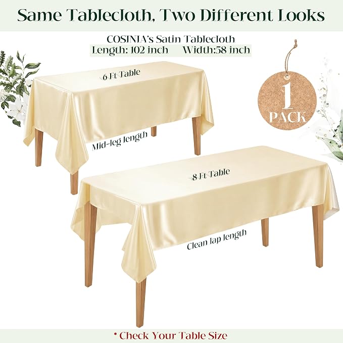 1 Pack Champagne Satin Tablecloth 58 x 102 Inches, Rectangular Satin Table Cloths for Wedding Reception, Birthday Party, Graduation & Holiday Banquet Tables