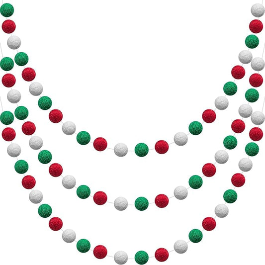 WILLBOND 3 Pieces Wool Felt Rainbow Ball Garland Colorful Pom Pom 6.5 ft Long 24 Ball Garland for Easter Mardi Gras Classroom Halloween Thanksgiving Xmas (Red,White,Green)