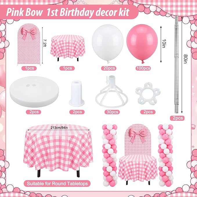Lunmon 160 Pcs Pink Gingham Decorations Coquette Birthday Decor Include 7.2 ft Arch Backdrop Covers Large Bows Coquette Gingham Tablecloth 120 Pink and White Balloons and Balloon Stand Clips