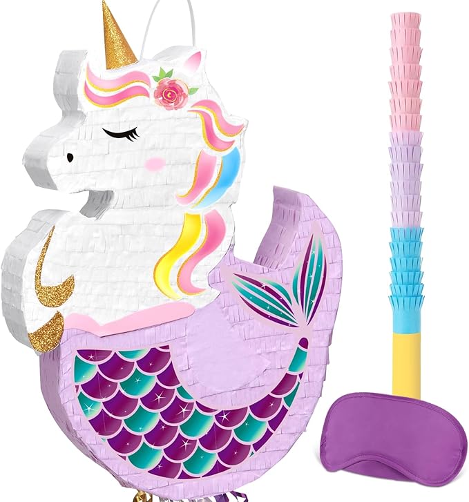 WERNNSAI Unicorn Mermaid Piñata - Unicorn or Mermaid Party Supplies Piñata Bundle with Blindfold, Bat for Girls Kids Rainbow Unicorn Mermaid Theme Birthday Game Decorations (16.5" x 12.4" x 2.9")
