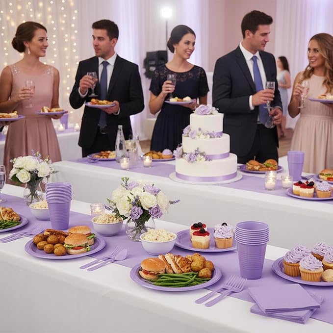 Lavender Plastic Plates for Party,50 Guest Disposable Plastic Plate Set 9" Plates,7" Dessert Plates,Napkins,12 oz Cups,Forks & Tablecloth for Baby Shower,Wedding,Birthday,Afternoon Tea Party