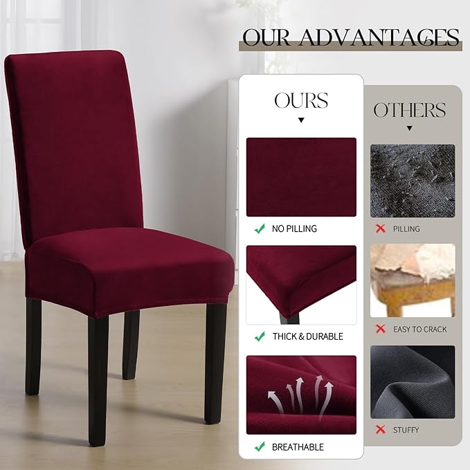 MOSAYT Velvet Stretch Chair Covers for Dining Room Set of 6 - Soft Slipcovers with Thick Removable Fabric for Parsons Chairs, Washable Seat Protectors for Kitchen, Banquet & Home Decor, Wine Red