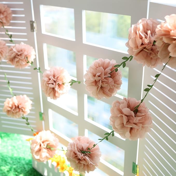 Homarkable Pink Tissue Paper Pom Pom Garlands, Paper Flowers for Birthday Decorations, Baby Shower, Wedding Engagement, Bridal Shower, Spring Summer Party Decorations, 4 Pcs