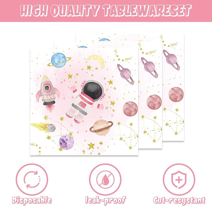 141Pcs Pink Outer Space Party Supplies for Girls Baby Shower Birthday Party Decorations Pink Moon Star Outer Space Planet Themed Birthday Plates Napkins Forks Cups Straws Tablecloch Serves 20 Guests