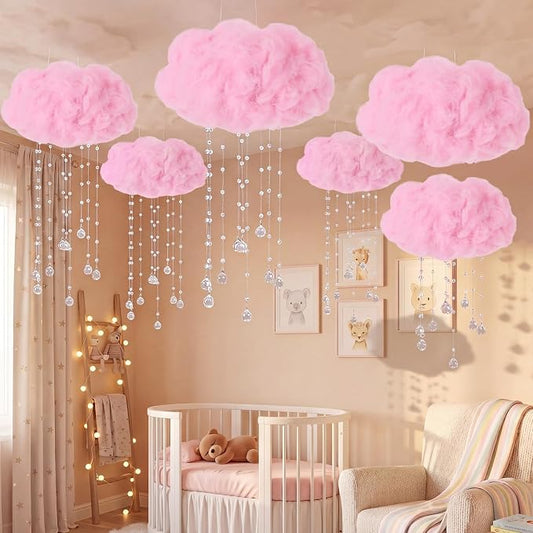 Marsui Artificial Cloud Props LED Hanging Cloud String Light Fake Imitation 3D Cotton Classroom School Decor Raindrop for Room Ceiling Baby Shower Party Wedding Nursery Wall DIY Decor (Pink,6 Pcs)