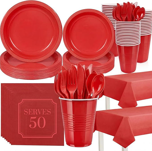 352 Pcs Red Plastic Plates Party Set, 50 Guests Disposable Dinnerware Set with Red Tablecloths, Bold Red Plastic Plates Party Set for Wedding/Valentine's Day/Christmas/Holiday Party