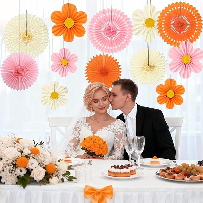 Orange Pink Cream Party Decorations, 12PCS Paper Fans Flowers Wall Backdrop for Little Cutie 1st Birthday, Boho Sunset Baby Shower, Groovy Daisy Wedding & Nursery Decor