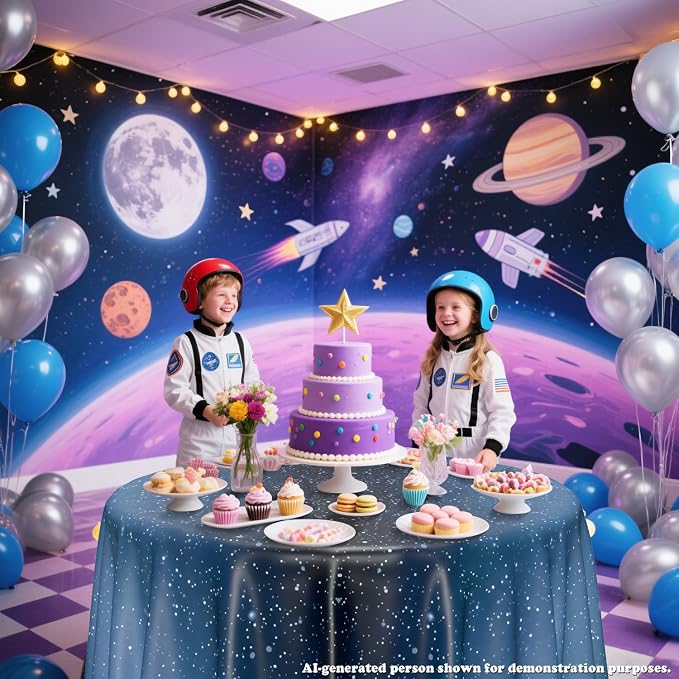3 Pcs Space Tablecloths, 84 x 84 ''Galaxy Explore Theme Plastic Table Cloth Disposable Use for Kids Outer Space Stars Theme Birthday Decorations