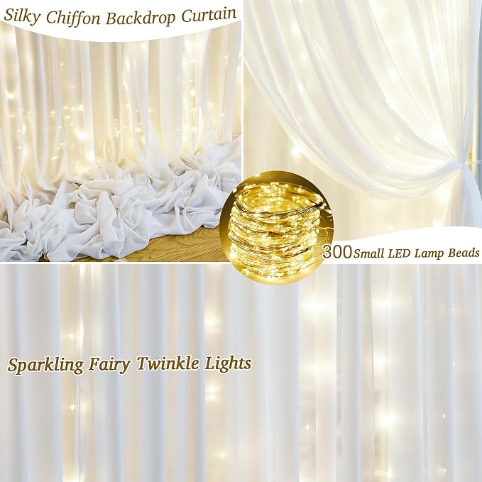 20ft x 10ft White Chiffon Backdrop Curtain with Lights String for Parties,4 Panels Sheer Tulle Curtain Wedding Backdrop for Baby Shower Birthday Party Ceremony Reception Home Decorations