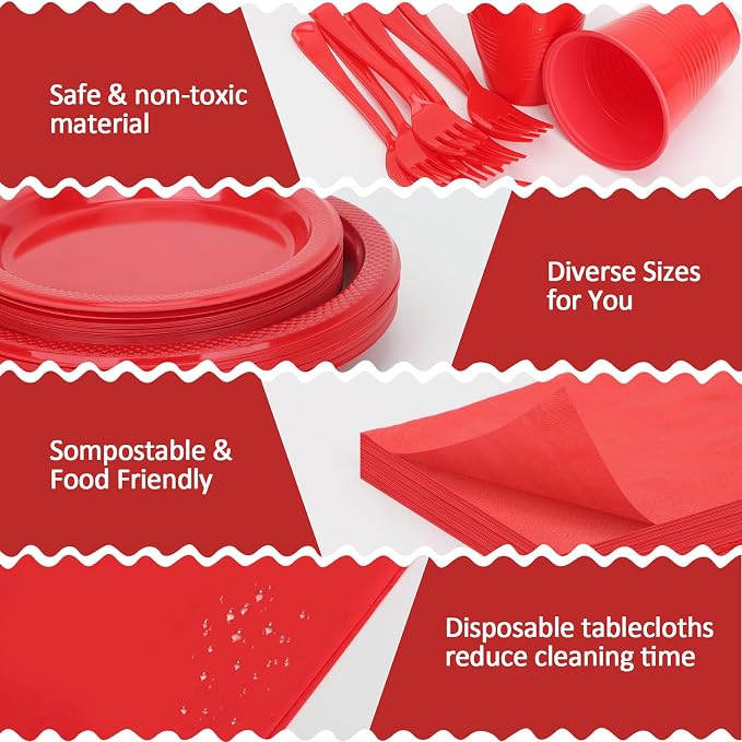 Red Plastic Plates for Party - 30 Guest 9" Dinner Plates & 7" Dessert Plates,12 oz Cups,Napkins,Forks,Disposable Plastic Tableware for Birthday,BBQ,Christmas