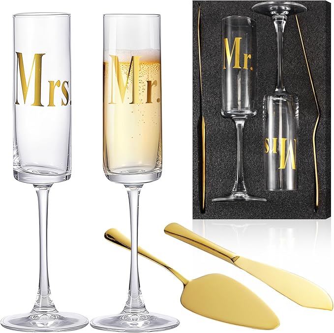 Boao 4 Pieces Wedding Toasting Flutes and Cake Server Set Wedding Reception Supplies Champagne Glasses Cake Knife Pie Server (Gold,Elegant)