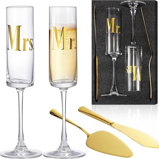Boao 4 Pieces Wedding Toasting Flutes and Cake Server Set Wedding Reception Supplies Champagne Glasses Cake Knife Pie Server (Gold,Elegant)