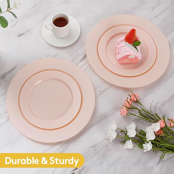 Goodluck 200PCS Disposable Pink Plastic Plates, Heavy Duty Disposable with 100 10.25 inch and 100 7.5 inch Dessert Plates for Party, Wedding, Baby Shower