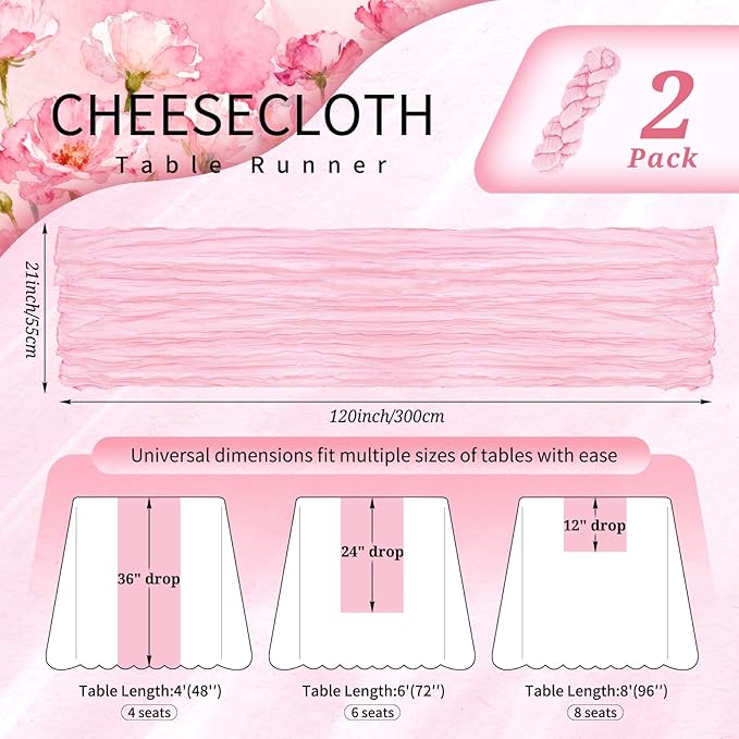 2 Pack Cheesecloth Table Runner 10FT Light Pink Table Runner Boho Gauze Cheese Cloth Table Runners Long Rustic Sheer Table Decorations for Wedding Party Baby Bridal Shower Birthday Holiday Home