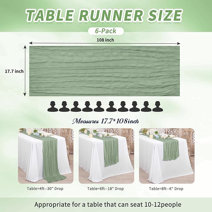 6 Pack Sage Green Table Runner, Cheesecloth Table Runner Long Romantic Semi Sheer Rustic Boho Gauze Table Runners for Wedding Bridal Shower Birthday Party Decorations(17.7×108 Inch)