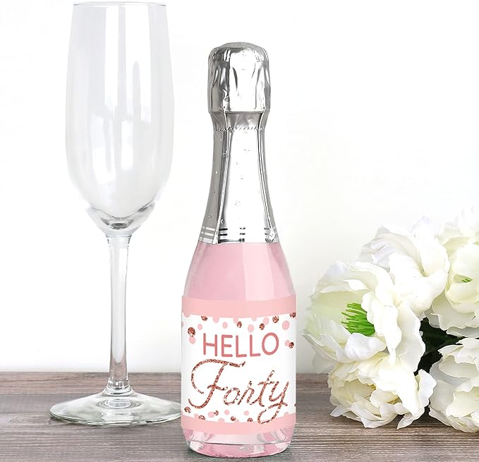 Big Dot of Happiness 40th Pink Rose Gold Birthday - Mini Wine and Champagne Bottle Label Stickers - Happy Birthday Party Favor Gift for Women and Men - Set of 16