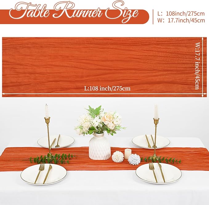 20 Pack Cheesecloth Table Runner 17 x 108 inch Long Boho Gauze Table Runners Semi Sheer Table Runner for Wedding Decor, Baby Shower, Birthday Party, Banquet (Orange)