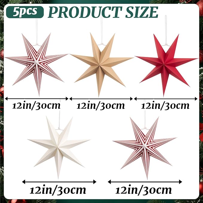 SUNBEAUTY Paper Stars Christmas Party Decorations, 5PCS 6-Pointed Paper Star Hanging Decoration Set Holiday Decor Stars Shape Landerne for Birthday Party Tree Xmas Home Decor