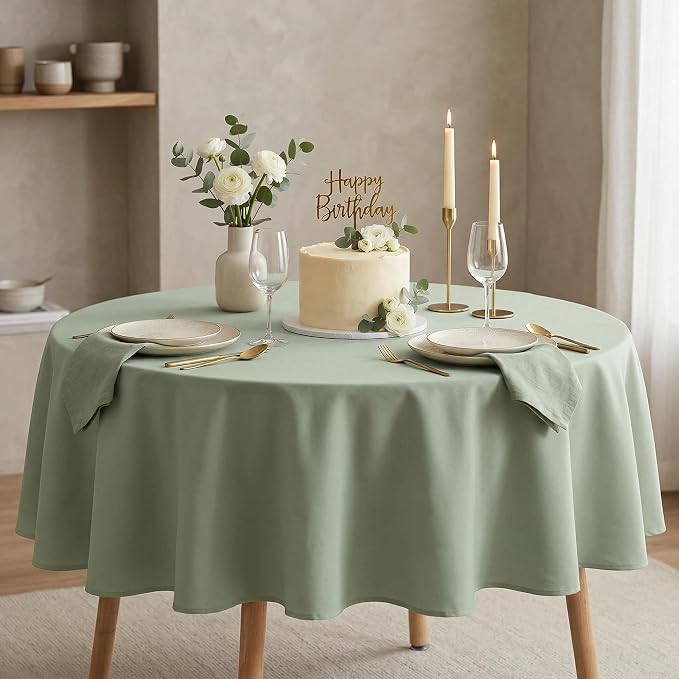 sancua Round Tablecloth - 60 Inch - Water Resistant Spill Proof Washable Polyester Table Cloth Decorative Fabric Table Cover for Dining Tables, Buffet Parties and Camping, Sage Green