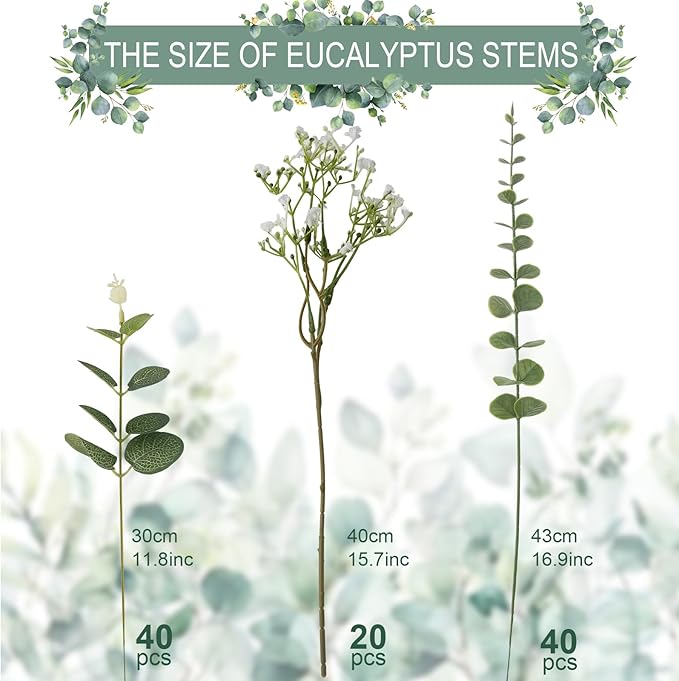 lovemoon Mixed Greenery Artificial Eucalyptus Stems, Baby Breath Artificial Flowers Bulk and Eucalyptus Leaves for Wedding Bouquets Home Office Floral Decor (100, Green and White)
