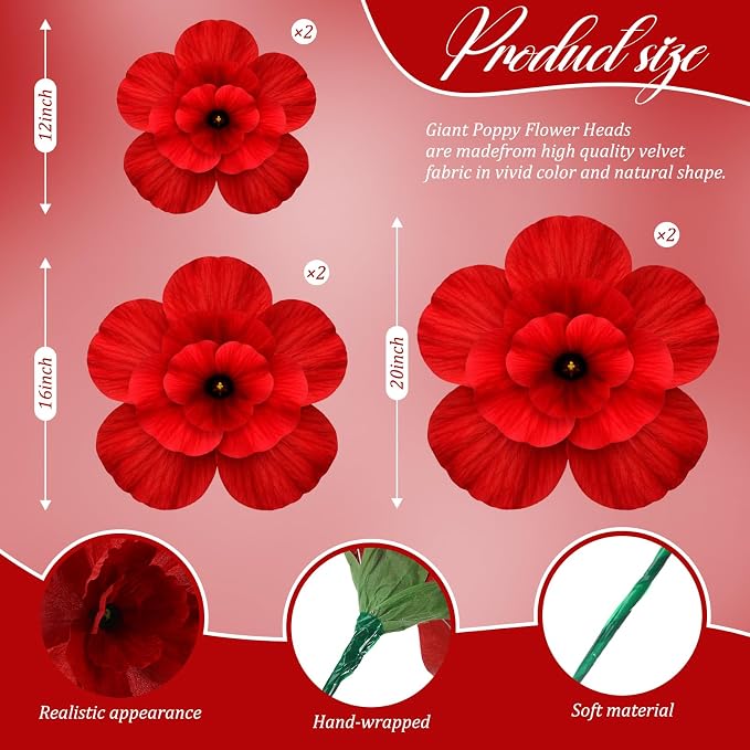 Norme 6 Pcs Giant Artificial Poppy Flowers 12, 16, 20 Inch Large Poppy July of 4th 250th Anniversary Patriotic Petals Giant Red Flowers for Independence Day Memorial Day Arch Decoration, Home Decor