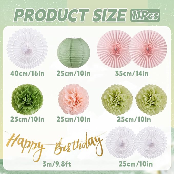 EASY JOY Sage Green and Pink Party Decorations Green Birthday Decorations Sage Tissue Pom Poms Paper Lanterns White Paper Fans (11pcs) for Women Girls Birthday Wedding Bridal Shower Baby Shower