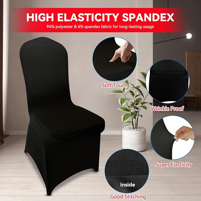LIUJIAYI 100 Pcs Black Stretch Chair Covers - Premium Polyester Spandex Slipcovers for Wedding, Party, Banquet, Dining & Event Chairs