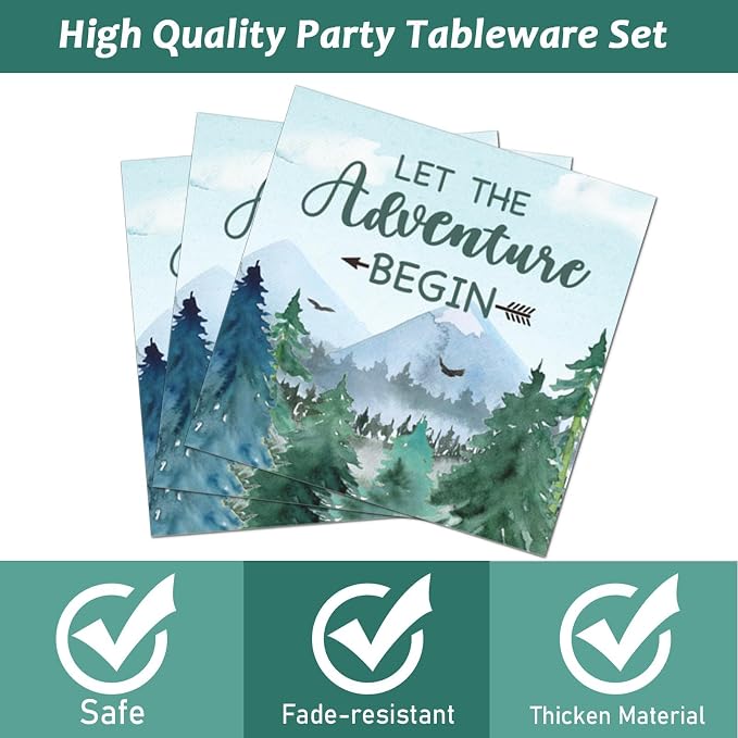 ZOIIWA 200 PCS Adventure Awaits Tableware Disposable Let The Adventure Begin Party Supplies Dinnerware Set Baby Shower Plates Napkins Birthday Party Decoration Serve 50 guest